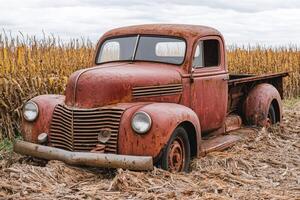 An old rusted truck is sitting in a field photo