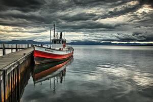 A boat is docked at a dock photo