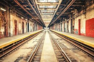 An empty subway station with a train track photo