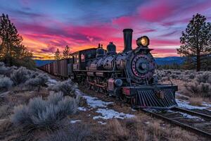 Majestic steam locomotive at sunset, traversing a snowy, desert landscape photo