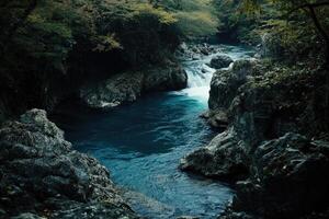 Serene turquoise river flowing through lush forest canyon photo