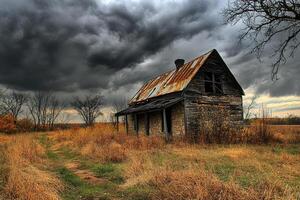 Derelict stone farmhouse under stormy sky photo