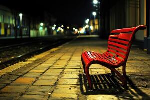 Empty red bench at night station photo
