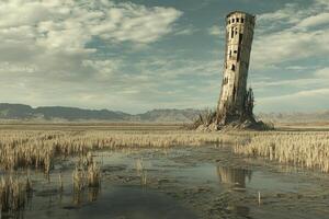 A tower in the middle of a field photo