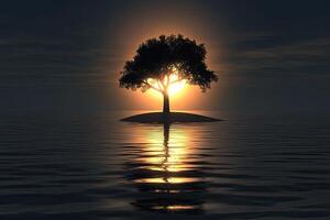 A tree is standing on an island in the middle of the ocean photo