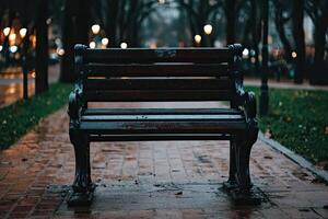 A park bench is sitting on a wet brick path photo