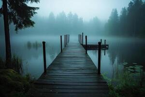A dock leads to a lake surrounded by trees photo
