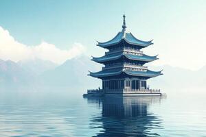 A pagoda sits on top of a mountain in the middle of a lake photo