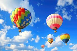 Many colorful hot air balloons are flying in the sky photo