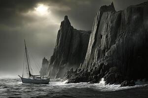 A sailboat in the ocean near a rocky shore photo