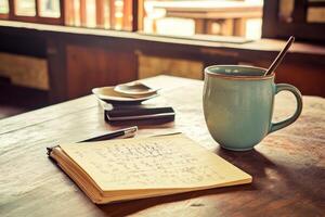 A notebook and a cup of coffee on a table photo