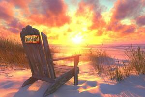 A wooden chair sitting on a beach with a sunset in the background photo