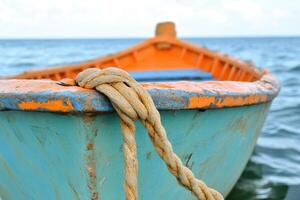 A boat tied to a rope in the ocean photo