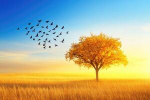 A tree and birds flying over a field photo