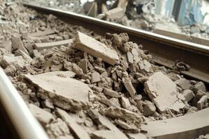 A pile of rubble on a train track photo