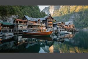 A boat is docked in front of a wooden house photo
