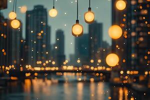 Hanging lights over a city at night photo