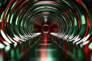 A red and green tunnel with a red light photo