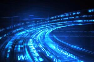 A blue abstract background with a digital data trail photo