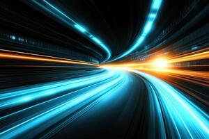 A speeding car is driving on a dark road photo