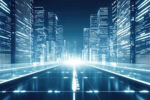 A city street with skyscrapers and lights photo