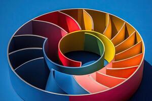 A colorful spiral of paper on a blue surface photo
