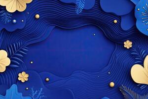 Blue and gold paper art with flowers and leaves photo