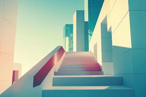 A stairway leads up to a building with a bright light photo