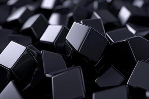 A pile of black cubes in a dark room photo