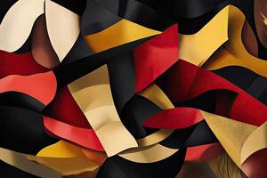 A painting of a black, red and yellow abstract design photo