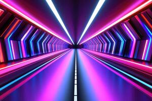 A neon light tunnel with a long road photo