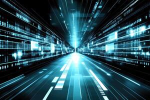 A futuristic tunnel with glowing lights and data photo