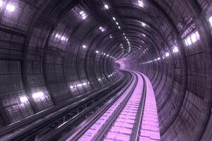 A train going through a tunnel with purple lights photo