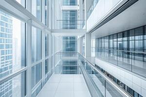 A walkway in a modern office building with glass walls photo