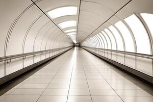 A long tunnel with white walls and a light at the end photo