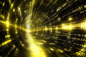 A tunnel with a yellow light and data lines photo