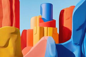 A colorful sculpture of a building with a blue and red tower photo