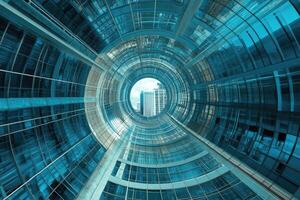 A view of a building through a glass tunnel photo