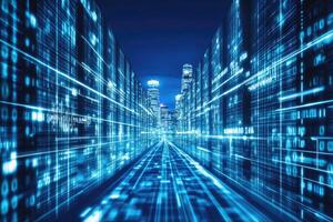 Data network and cityscape at night photo