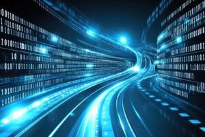 A futuristic road with data lines and lights photo