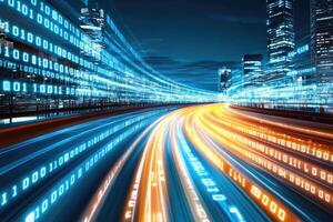 The city is lit up with data and the road is moving photo
