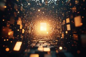 A tunnel with glowing lights and squares photo