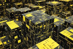 3d rendering of a city with yellow and black buildings photo