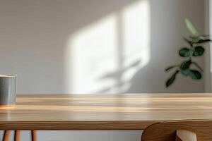 A wooden table with a coffee cup on it photo