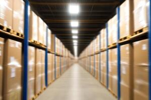 A warehouse aisle with boxes and shelves photo
