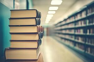 A stack of books in a library photo