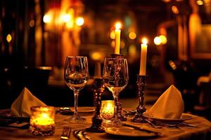 A table setting with candles and wine glasses photo