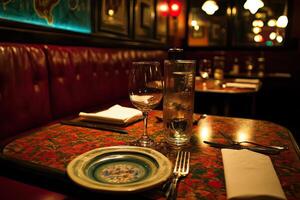 A table with a plate and wine glass on it photo