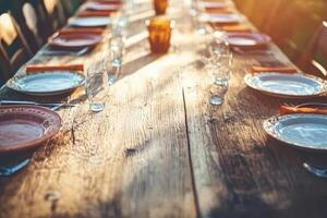 A long table with plates and place settings photo