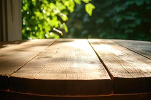 A wooden table with a bird on it photo